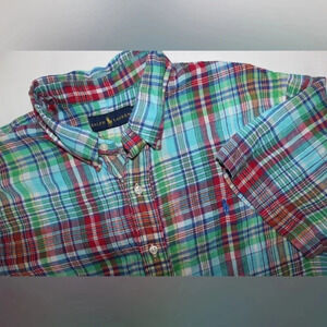 Ralph Lauren Multicolored Plaid Short Sleeve Button Down 100% Linen Shirt XL